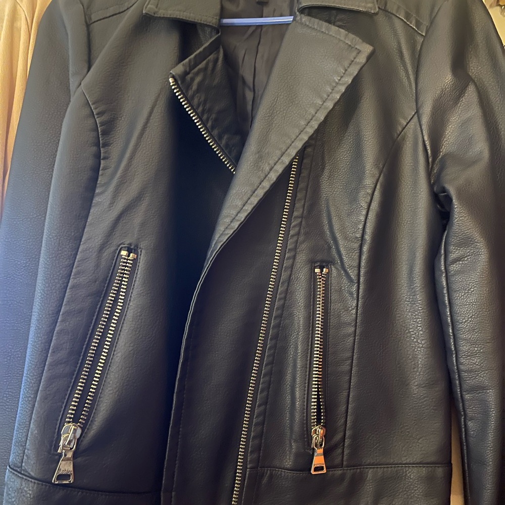 Express Navy Blue Genuine Leather Moto Jacket with Silver Accents
